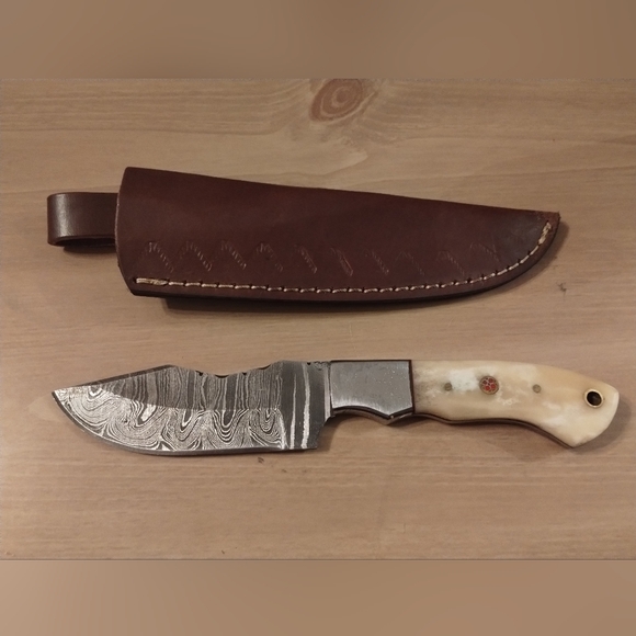 Damascus Steel Fixed Blade Knife w/ Bone Handle &Sheath